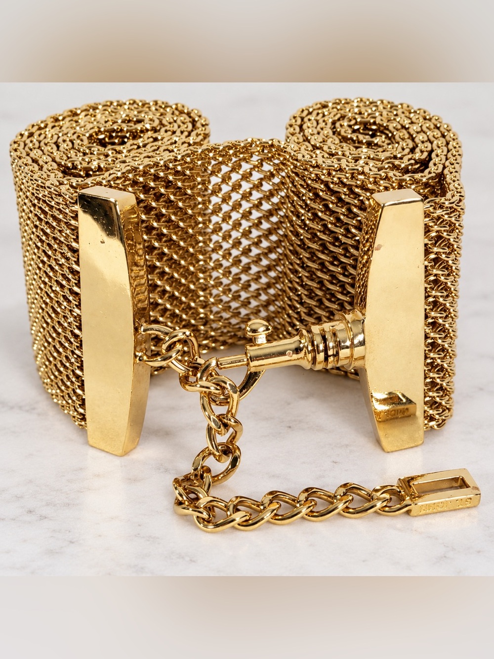 St. John Vintage Gold Plated Mesh Chain Belt Logo Adjustable 34.5”